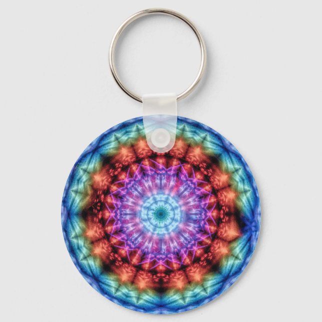 Vibrant Tie Dye Kaleidoscope Rainbow Mandala Key Ring (Front)