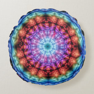 Vibrant Tie Dye Kaleidoscope Rainbow Mandala Round Cushion