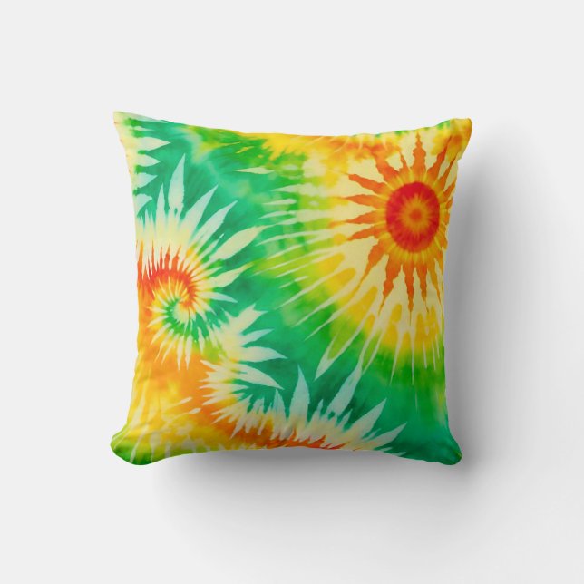 Vibrant Tie Dye Spiral Pattern Boho Orange Green Cushion (Front)
