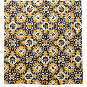 Vibrant Tile Pattern Yellow and Blue Shower Curtain