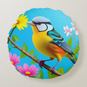🌿 Vibrant Tit Bird Floral Branch Gift For Nature Round Cushion