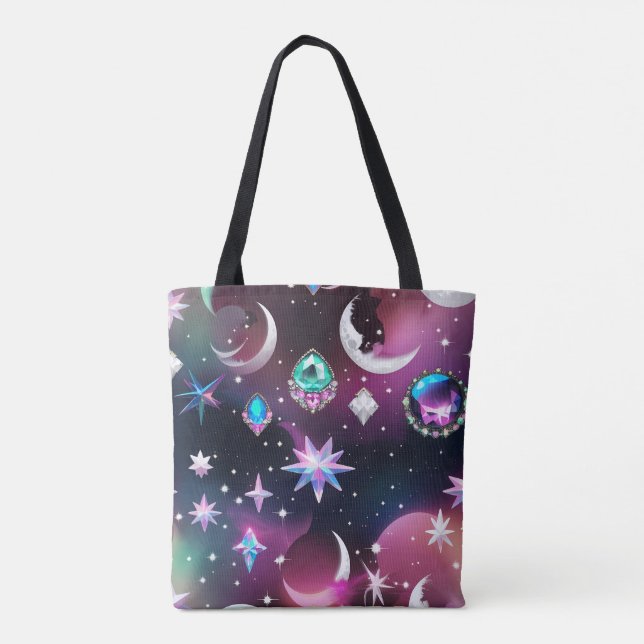 Vibrant Tourmaline Opal Celestial Moon Phases Tote Bag (Back)