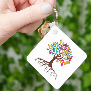 Vibrant Tree of Life: Roots and colourful leaves Key Ring