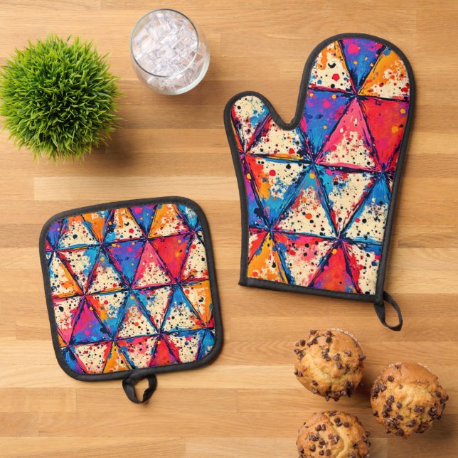 Vibrant Triangle Splatter Art Oven Mitt & Pot Holder Set (Top Down)