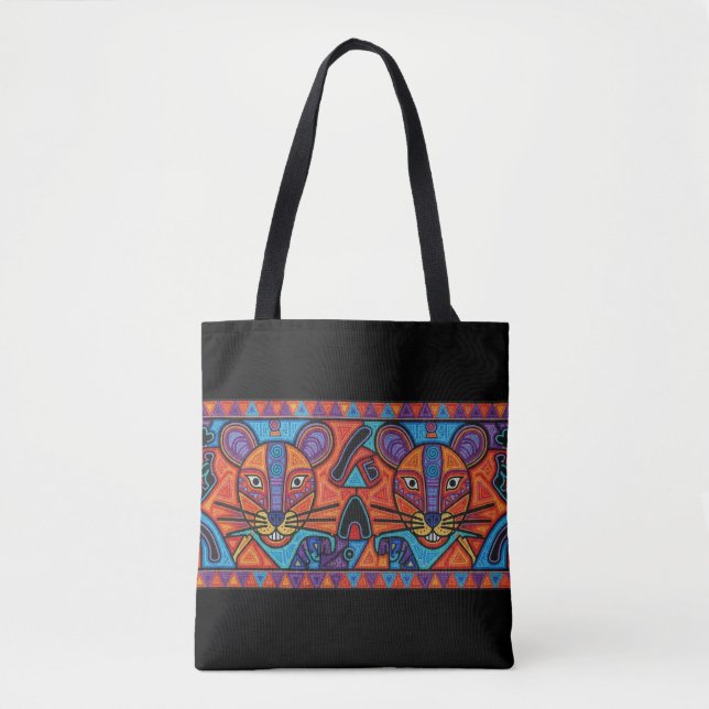 Vibrant Tribal Spirit Cats Tote Bag – Huichol- (Front)