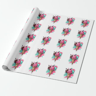 Vibrant Triple Scoop Ice Cream Art - Fun Dessert D Wrapping Paper