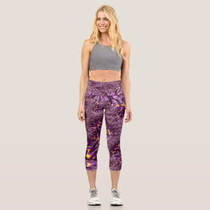 Vibrant Trippy Purple Yellow Groovy Fractal Art Capri Leggings