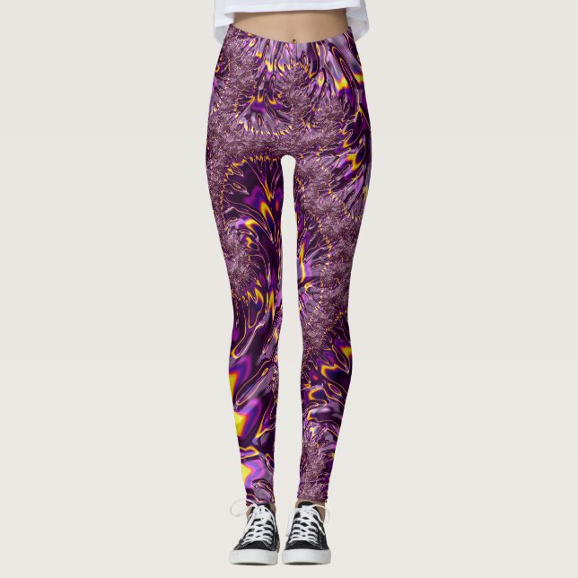 Vibrant Trippy Purple Yellow Groovy Fractal Art Leggings (Front)