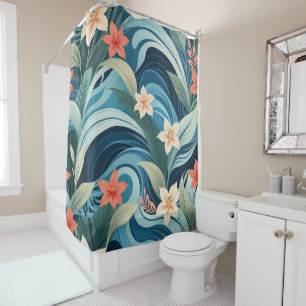 Vibrant Tropical Abstract Modern Green Blue Pink Shower Curtain