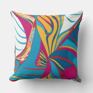 Vibrant Tropical Batik Fusion Abstract Leaves Cushion