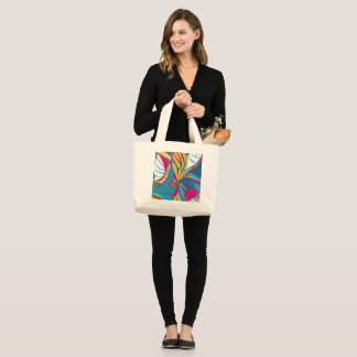 Vibrant Tropical Batik Fusion Abstract Leaves Large Tote Bag