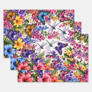 Vibrant Tropical Butterfly & Dragonfly Floral Wrapping Paper Sheet