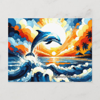 Vibrant Tropical Dolphin Sunset Ocean Art Holiday Postcard
