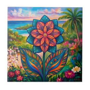 Vibrant Tropical Fantasy Flower in Paradise Tile