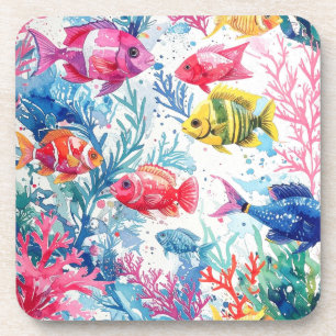 Vibrant Tropical Fish Watercolor Sea Life Pattern Coaster