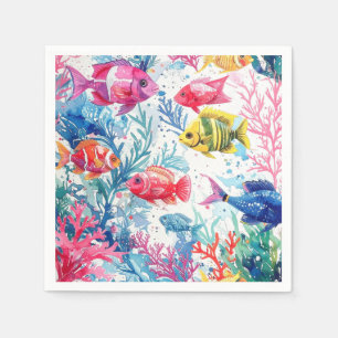 Vibrant Tropical Fish Watercolor Sea Life Pattern Napkin