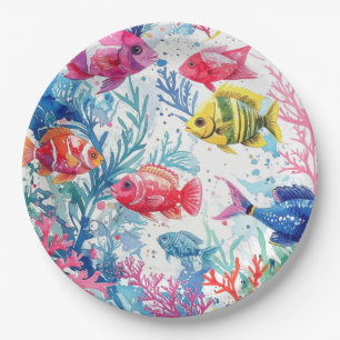 Vibrant Tropical Fish Watercolor Sea Life Pattern Paper Plate