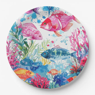 Vibrant Tropical Fish Watercolor Sea Life Pattern Paper Plate