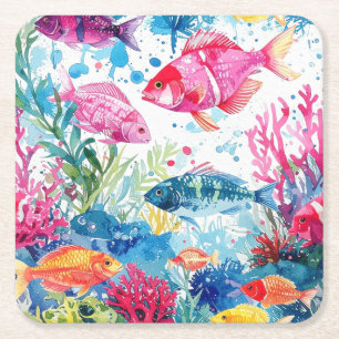 Vibrant Tropical Fish Watercolor Sea Life Pattern Square Paper Coaster