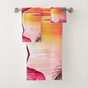 Vibrant Tropical Flamingo Glow Design Bath Towel Set