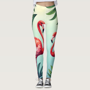 Vibrant tropical flamingo print with palm leaves leggings