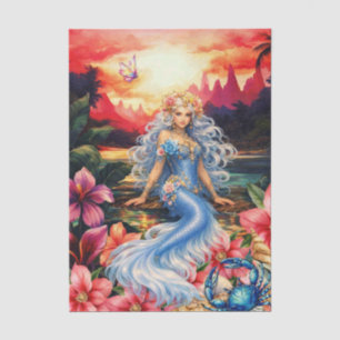 Vibrant Tropical Floral Blue Mermaid Decoupage Tissue Paper
