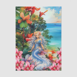 Vibrant Tropical Floral Blue Mermaid Decoupage Tissue Paper