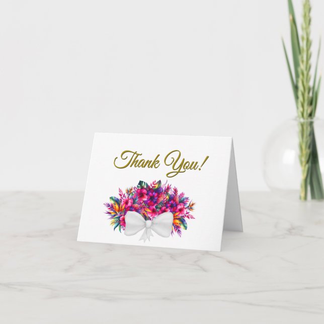 Vibrant Tropical Floral Bouquet Wedding Photo Thank You Card (Front)