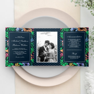 Vibrant Tropical Floral Garden Photo Wedding Tri-Fold Invitation