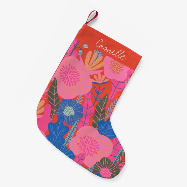 Vibrant Tropical Floral Jungle Red Personalised  Small Christmas Stocking (Front (Hanging))