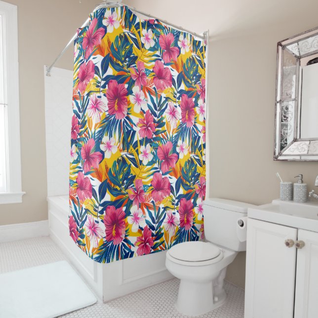 Vibrant Tropical Floral Paradise Pattern Design Shower Curtain (In Situ)