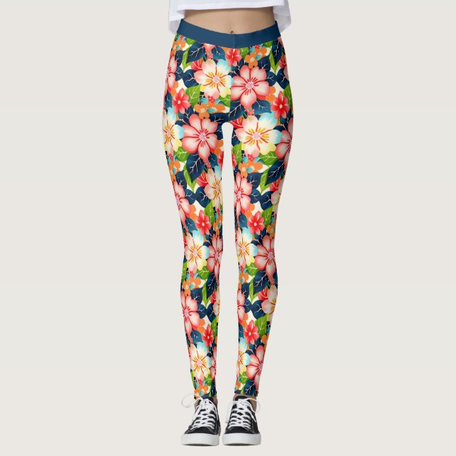 Vibrant Tropical Floral Pattern Leggings (Front)