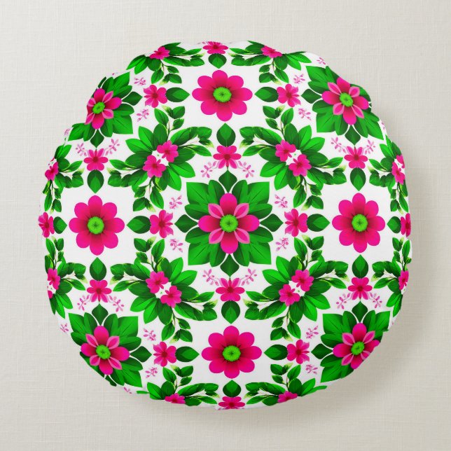 Vibrant Tropical Floral Pattern Round Cushion (Front)