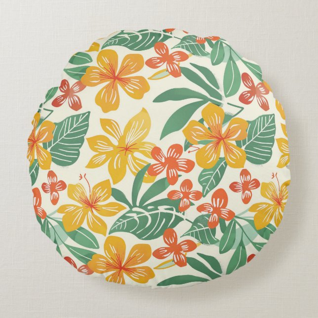 Vibrant Tropical Floral Pattern Round Cushion (Front)