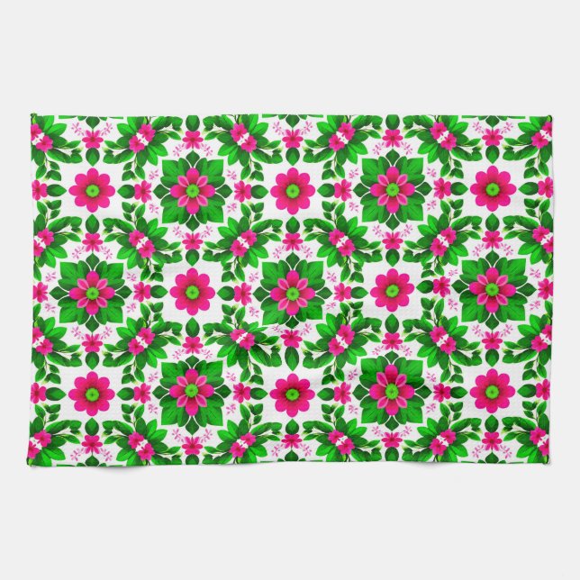 Vibrant Tropical Floral Pattern Tea Towel (Horizontal)