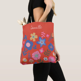 Vibrant Tropical Floral Red Personalised Script  Tote Bag