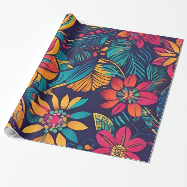Vibrant Tropical Floral Wrapping Paper (Unrolled)