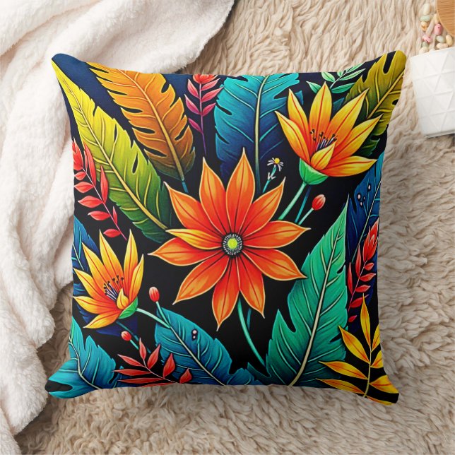 Vibrant Tropical Flower Art Cushion (Blanket)