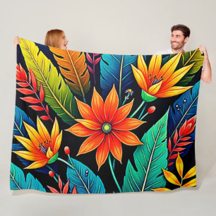 Vibrant Tropical Flower Art Fleece Blanket