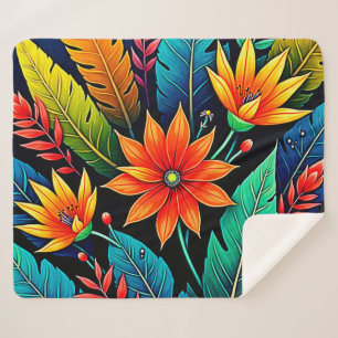 Vibrant Tropical Flower Art Sherpa Blanket