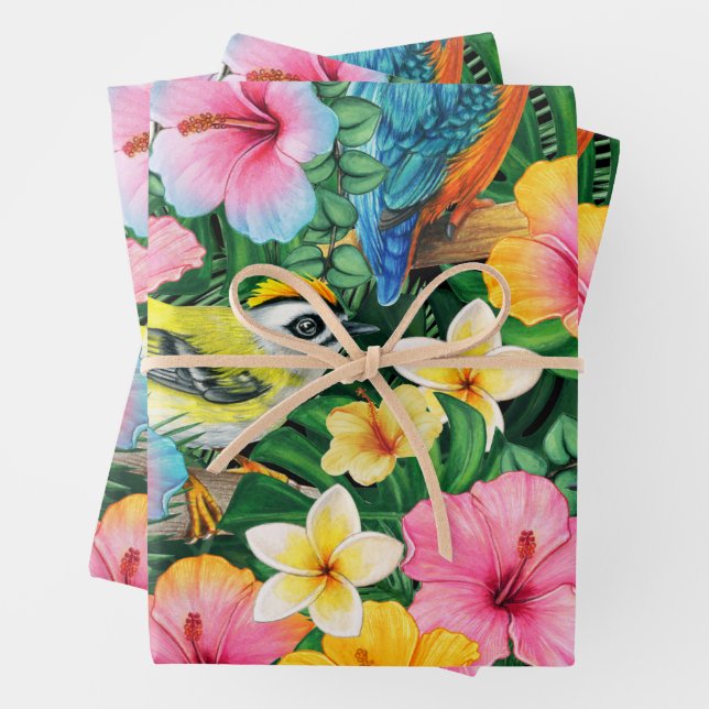 Vibrant Tropical Flowers and Birds  Wrapping Paper Sheet (In situ)