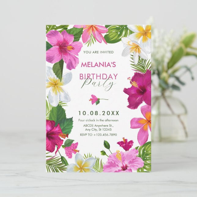Vibrant tropical flowers birthday invitation (Standing Front)
