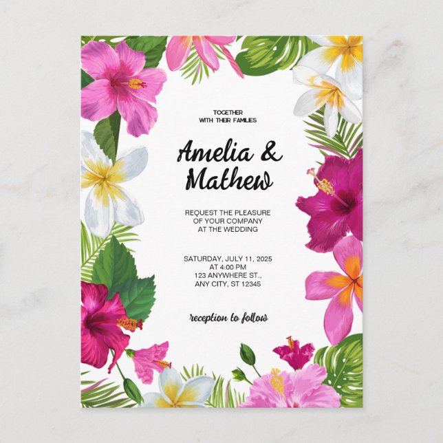 Vibrant Tropical Flowers Wedding Postcard (Front)