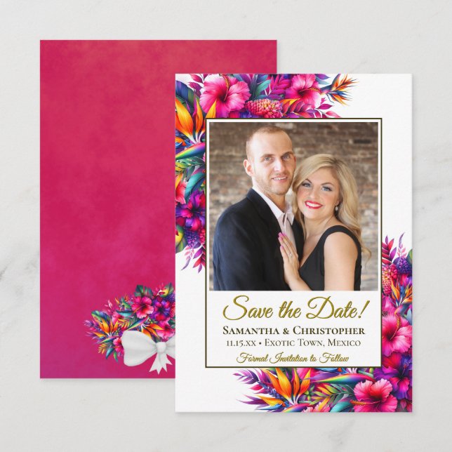 Vibrant Tropical Garden Flowers & Photo Wedding Save The Date (Front/Back)