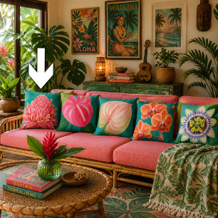 Vibrant Tropical Ginger Flower Painting Teal Cushion