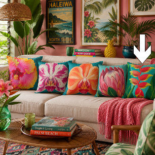 Vibrant Tropical Heliconia Flower Painting Teal Cushion