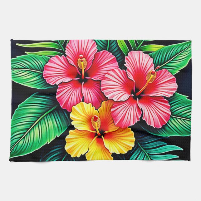 Vibrant Tropical Hibiscus Art Tea Towel (Horizontal)
