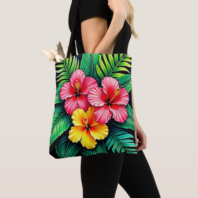 Vibrant Tropical Hibiscus Art Tote Bag (Close Up)