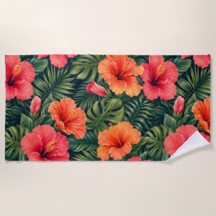 Vibrant Tropical Hibiscus Blooms Beach Towel