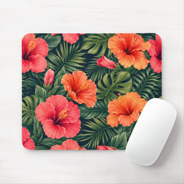 Vibrant Tropical Hibiscus Blooms Mouse Mat (With Mouse)